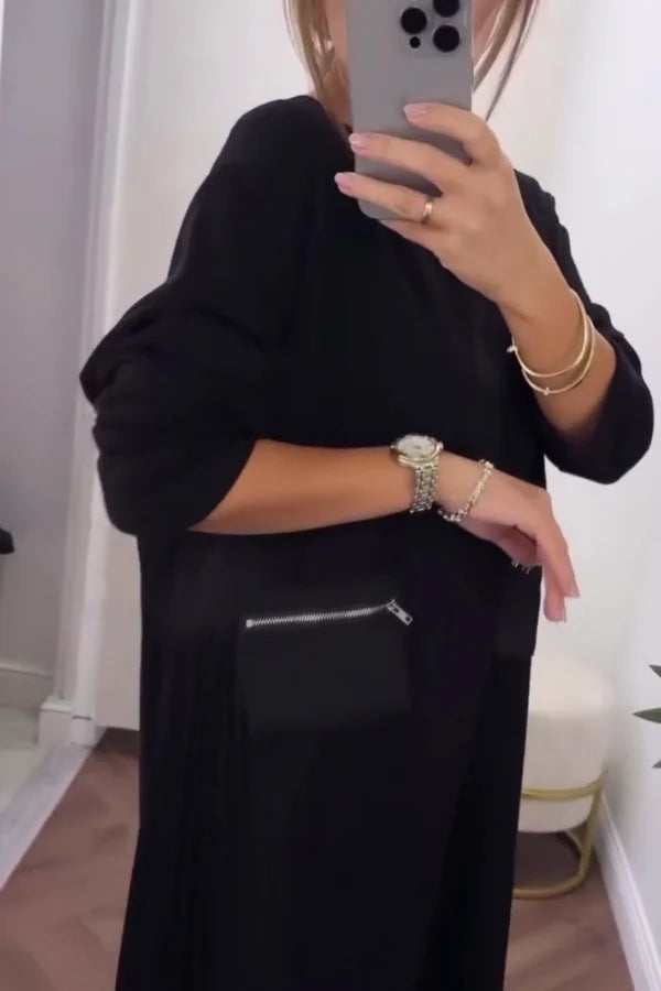 Vestido feminino casual folgado com pregas e bolso com zíper