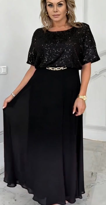 Conjunto de saia e blusa de manga curta com lantejoulas para mulheres