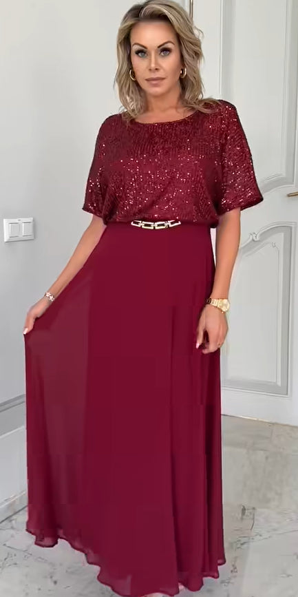 Conjunto de saia e blusa de manga curta com lantejoulas para mulheres