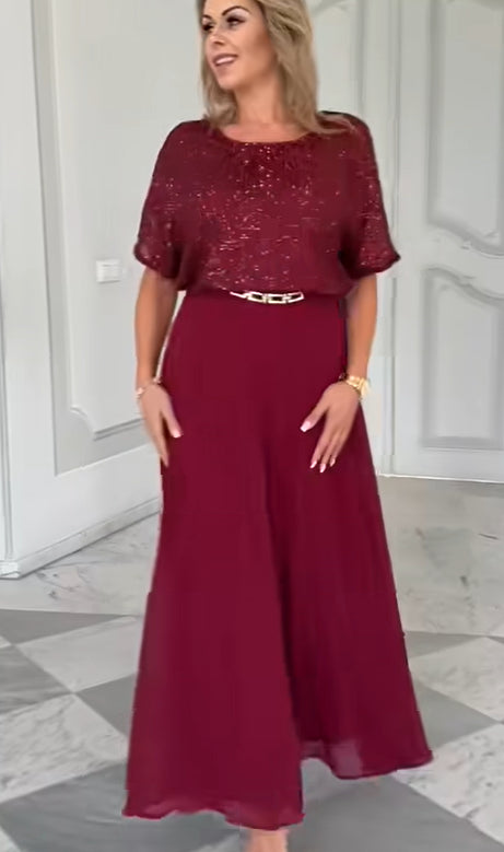 Conjunto de saia e blusa de manga curta com lantejoulas para mulheres