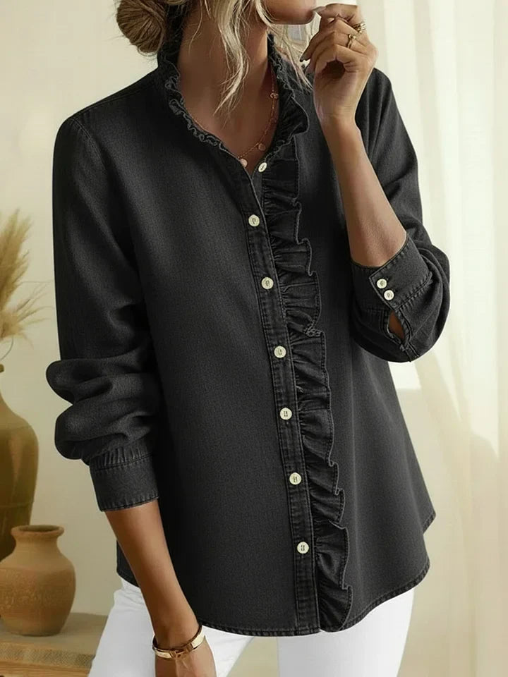 Camisa de ganga elegante com gola de renda