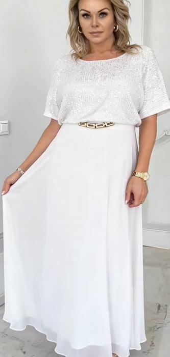 Conjunto de saia e blusa de manga curta com lantejoulas para mulheres