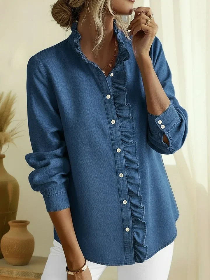 Camisa de ganga elegante com gola de renda