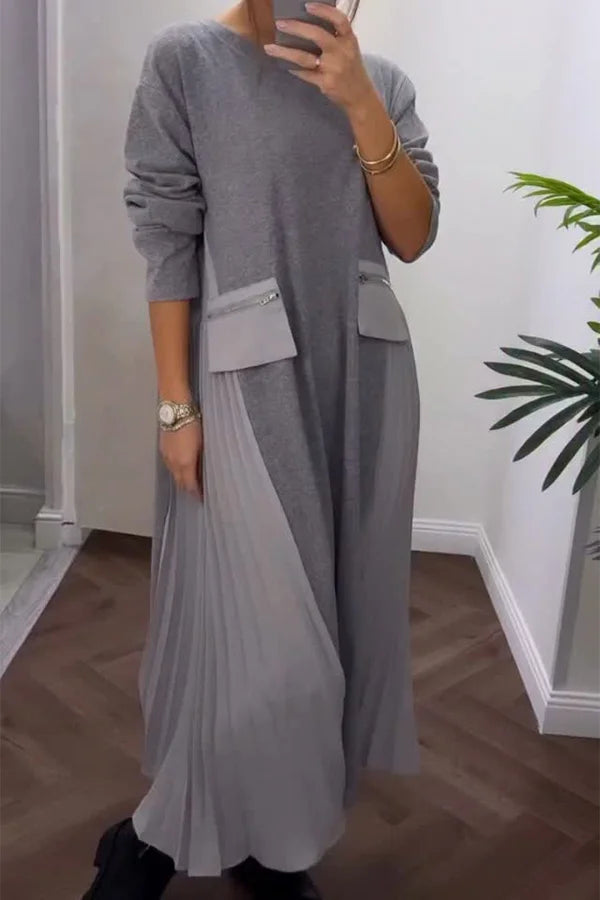 Vestido feminino casual folgado com pregas e bolso com zíper