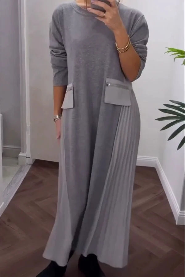 Vestido feminino casual folgado com pregas e bolso com zíper