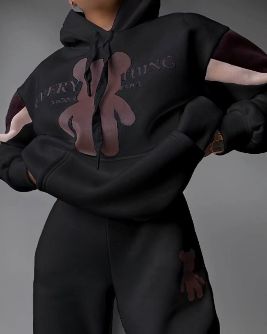 Conjunto de moletom folgado com capuz e blocos de cores