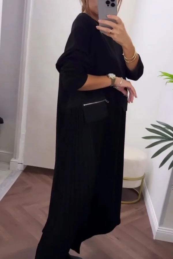 Vestido feminino casual folgado com pregas e bolso com zíper