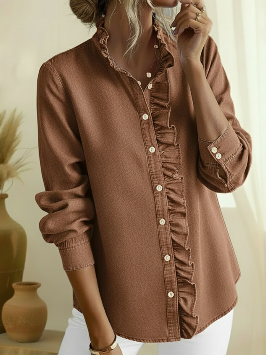 Camisa de ganga elegante com gola de renda