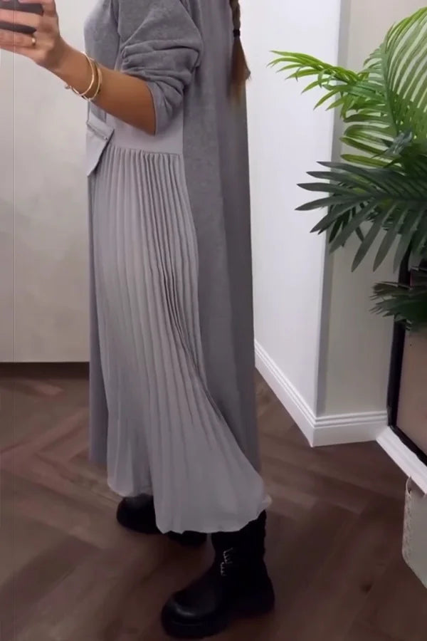 Vestido feminino casual folgado com pregas e bolso com zíper